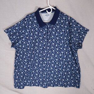 Lands End Womens Polo Shirt 3X Blue Floral Print Short Sleeve Golf Preppy Casual